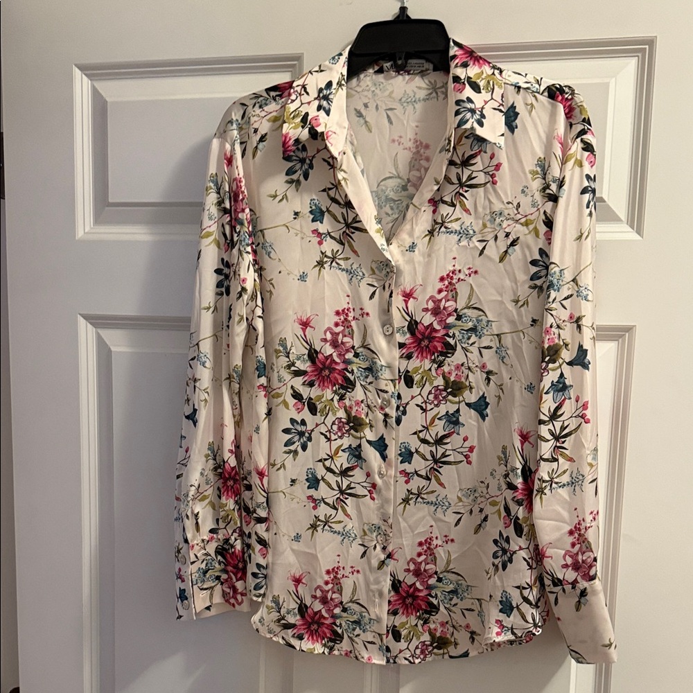 Zara Floral Button Down Shirt - Cream and Pink
